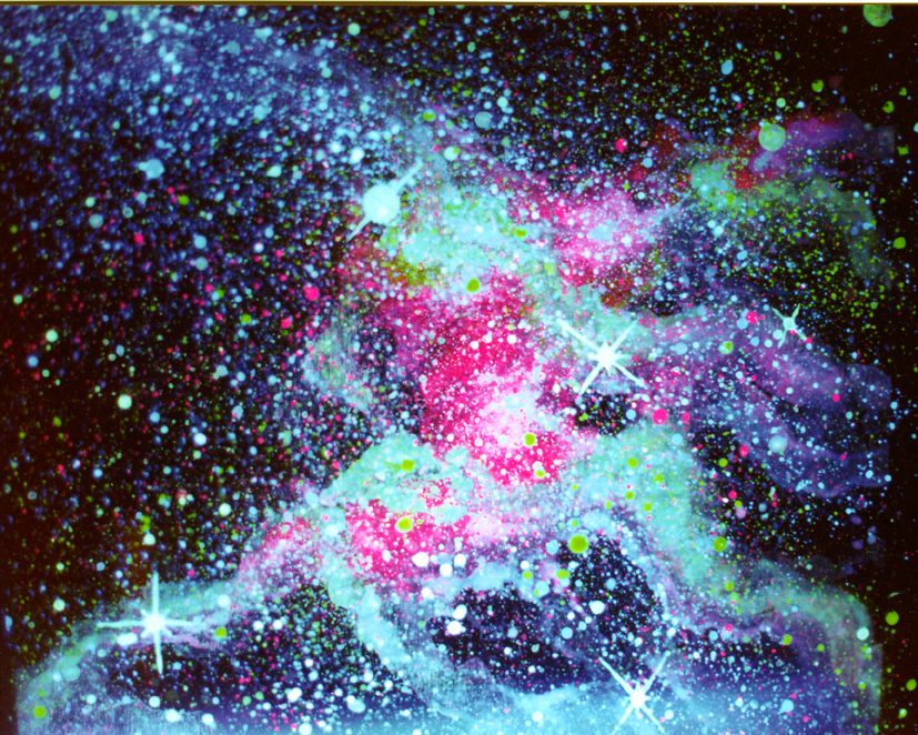 Dipinto fluorescente astratto a tema cosmico su tela 80x100 cm